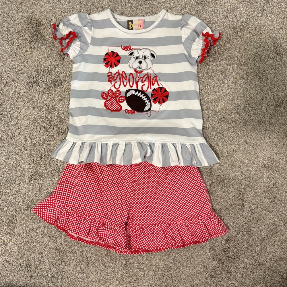 Striped UGA Bulldog Outfit with Red Polka Dot Shorts - 2T - Banana Split
